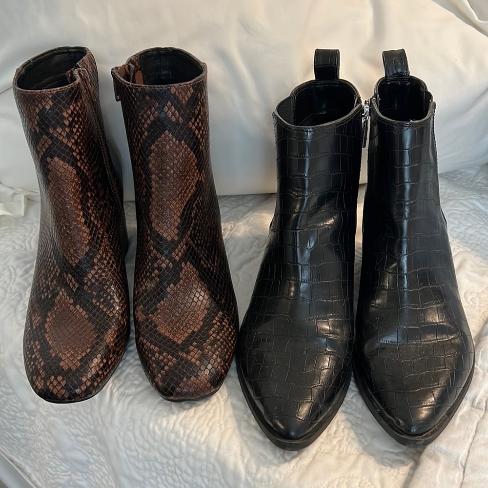 2 pairs A New Day Booties black crocodile and brown snake skin.